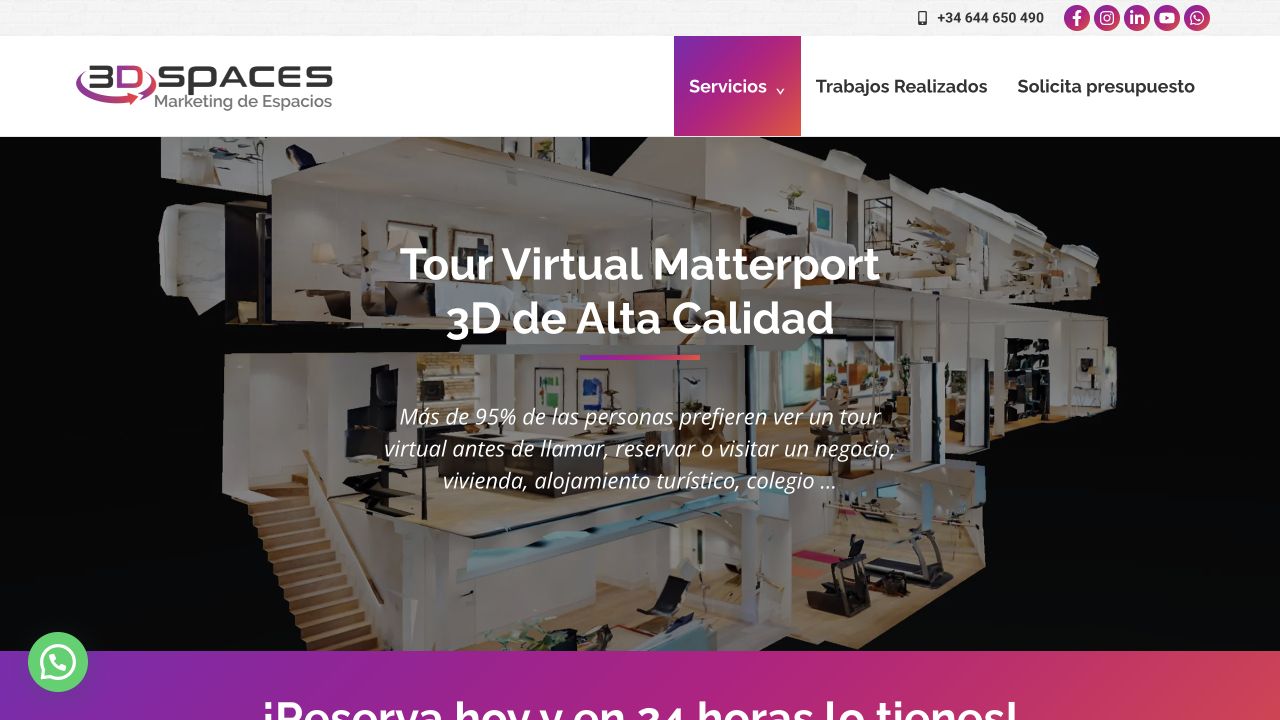 The restored 3D Spaces homepage with its original navigation, purple-to-orange accents and a dollhouse-style view of a property